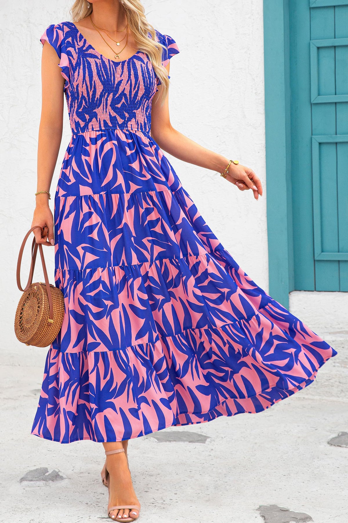 Cap Sleeve V Neck Smocked Beach Maxi Dresses