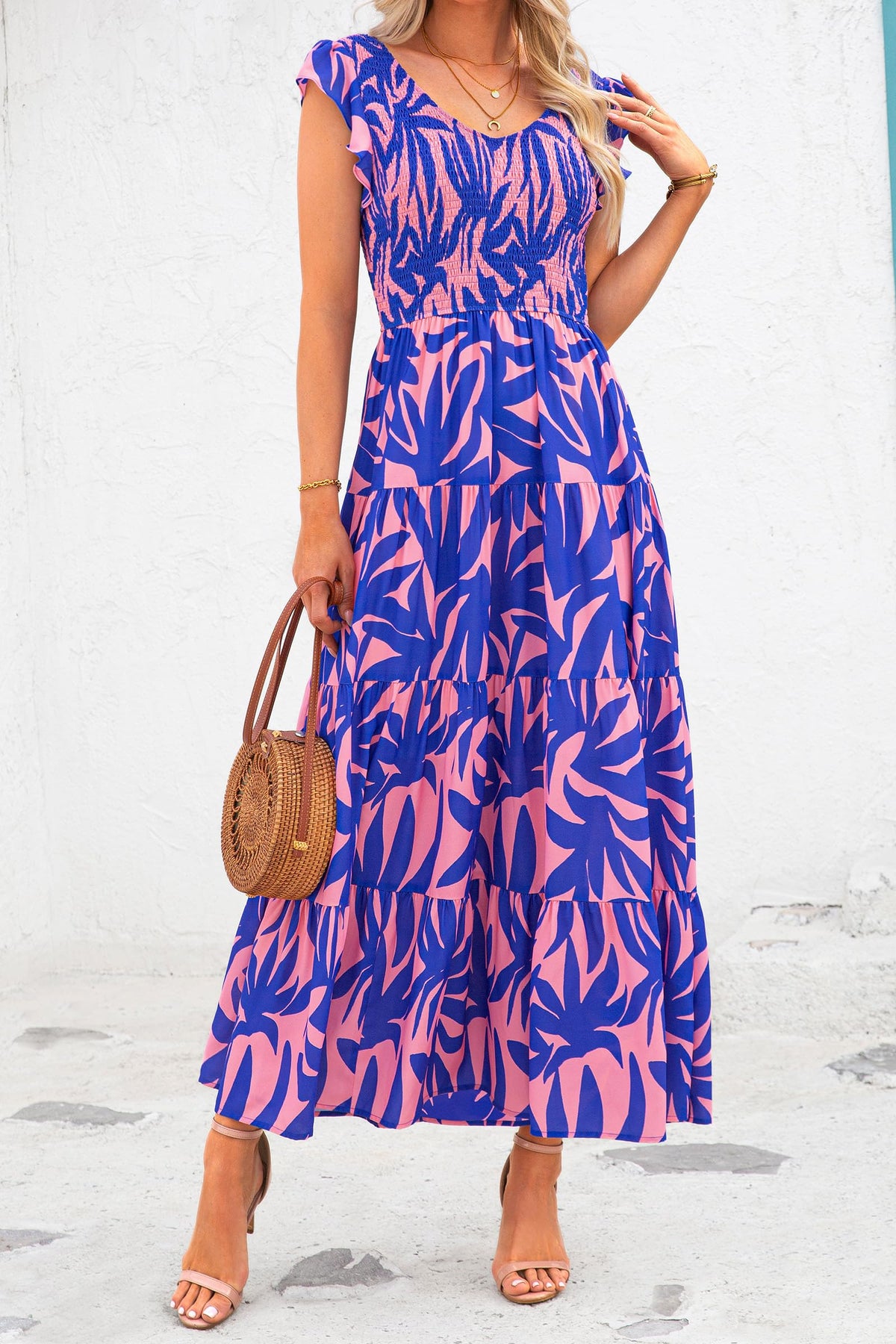 Cap Sleeve V Neck Smocked Beach Maxi Dresses