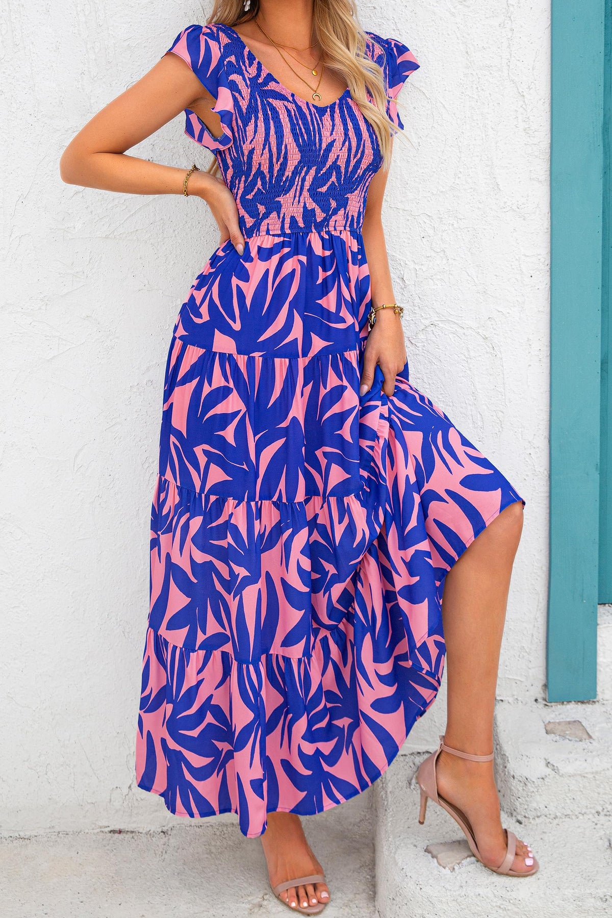 Cap Sleeve V Neck Smocked Beach Maxi Dresses