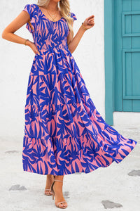 Cap Sleeve V Neck Smocked Beach Maxi Dresses