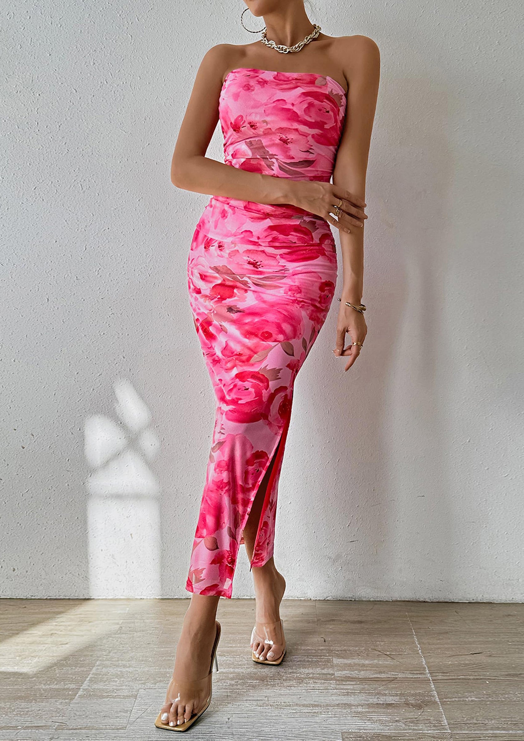 PRETTYGARDEN Women's Maxi Bodycon Dresses Strapless Tube Top Slit Floral Printed Party Club Long Dress