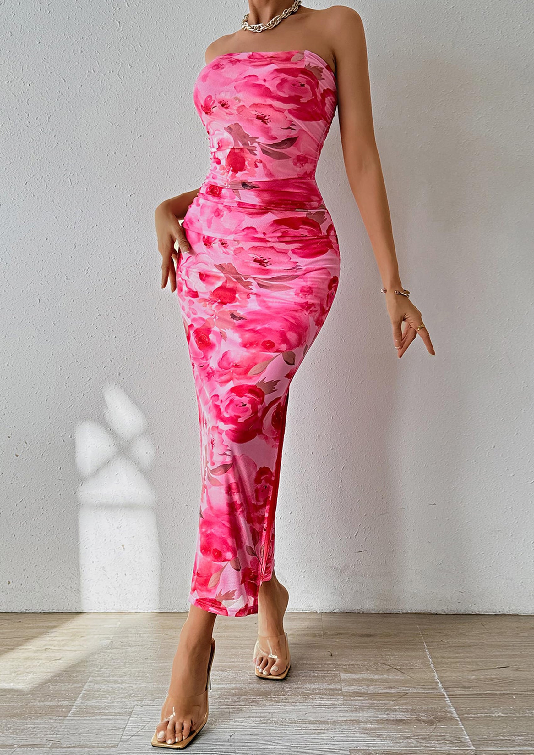 PRETTYGARDEN Women's Maxi Bodycon Dresses Strapless Tube Top Slit Floral Printed Party Club Long Dress