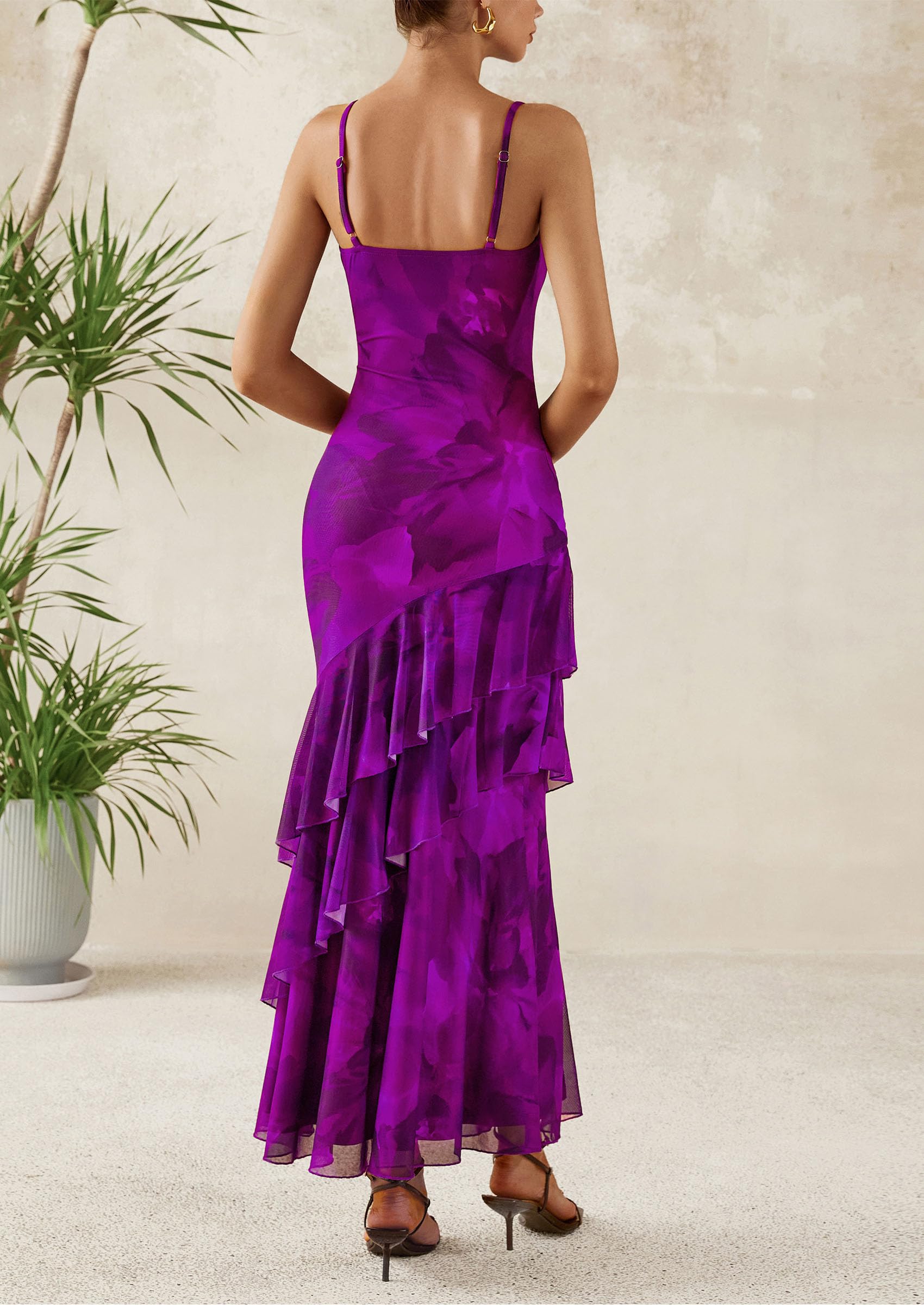 PRETTYGARDEN Maxi Dresses for Women Floral Beach Sundress Spaghetti Strap Tiered Wedding Guest Long Dress