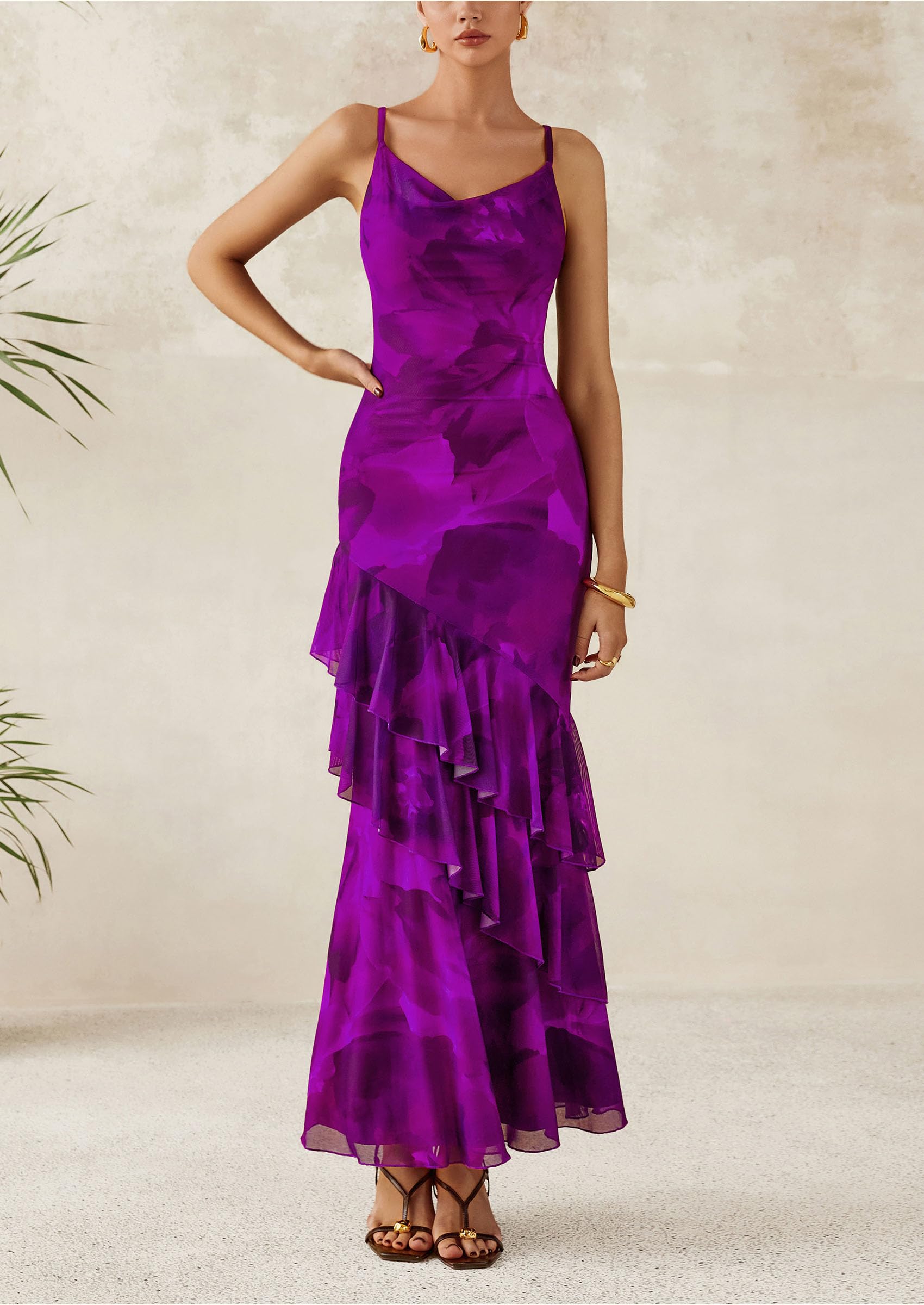 PRETTYGARDEN Maxi Dresses for Women Floral Beach Sundress Spaghetti Strap Tiered Wedding Guest Long Dress