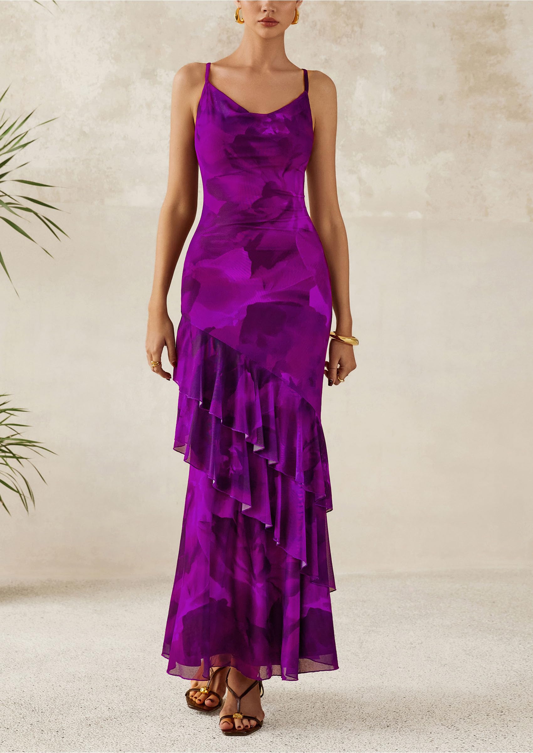 PRETTYGARDEN Maxi Dresses for Women Floral Beach Sundress Spaghetti Strap Tiered Wedding Guest Long Dress