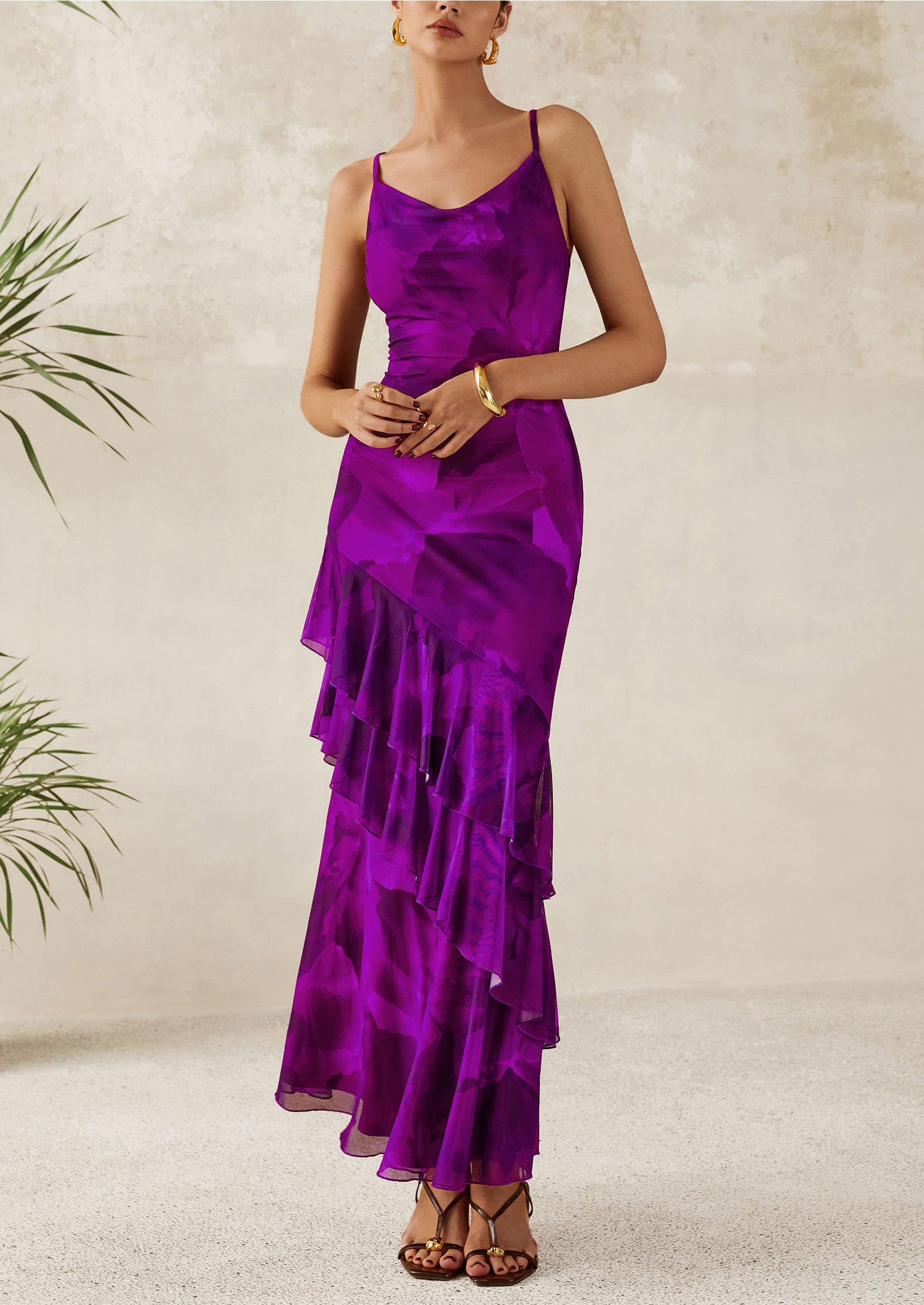 PRETTYGARDEN Maxi Dresses for Women Floral Beach Sundress Spaghetti Strap Tiered Wedding Guest Long Dress