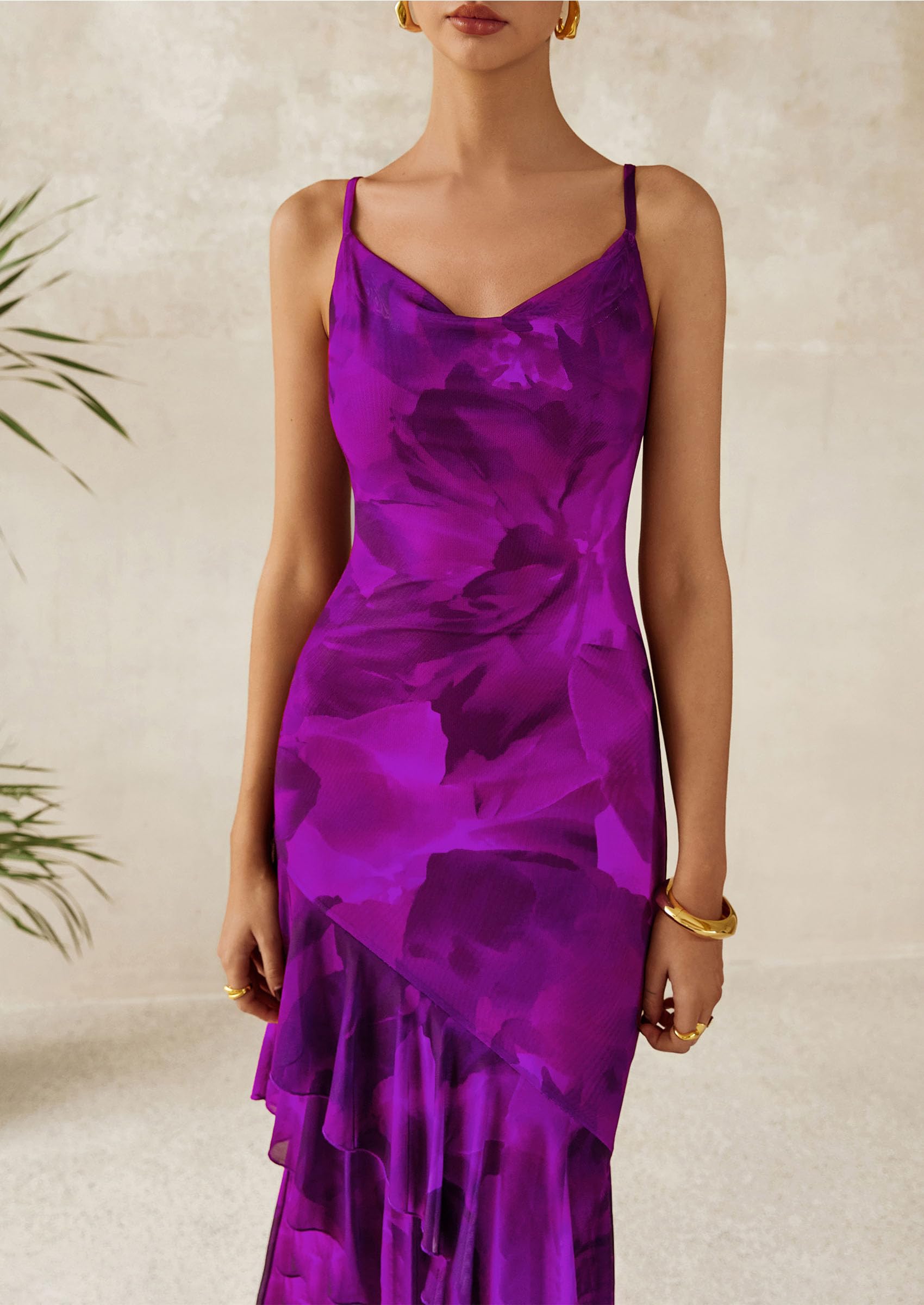 PRETTYGARDEN Maxi Dresses for Women Floral Beach Sundress Spaghetti Strap Tiered Wedding Guest Long Dress