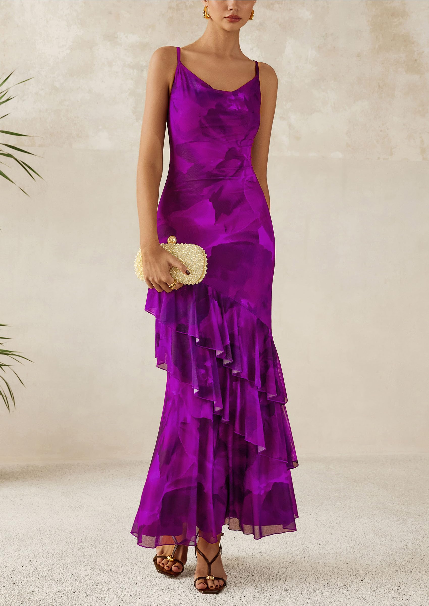 PRETTYGARDEN Maxi Dresses for Women Floral Beach Sundress Spaghetti Strap Tiered Wedding Guest Long Dress