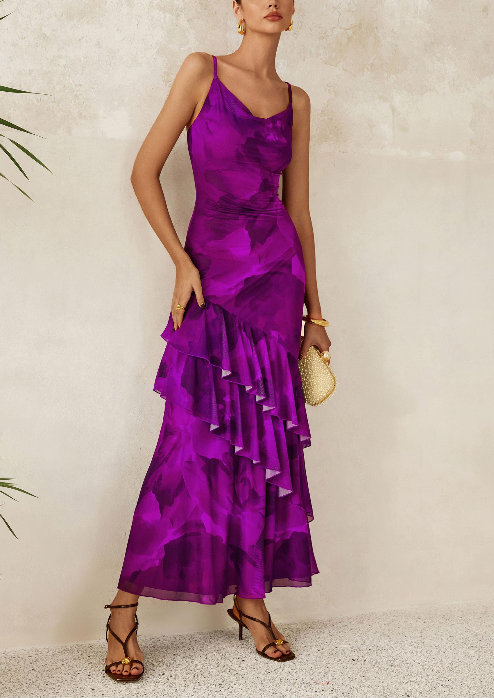 PRETTYGARDEN Maxi Dresses for Women Floral Beach Sundress Spaghetti Strap Tiered Wedding Guest Long Dress