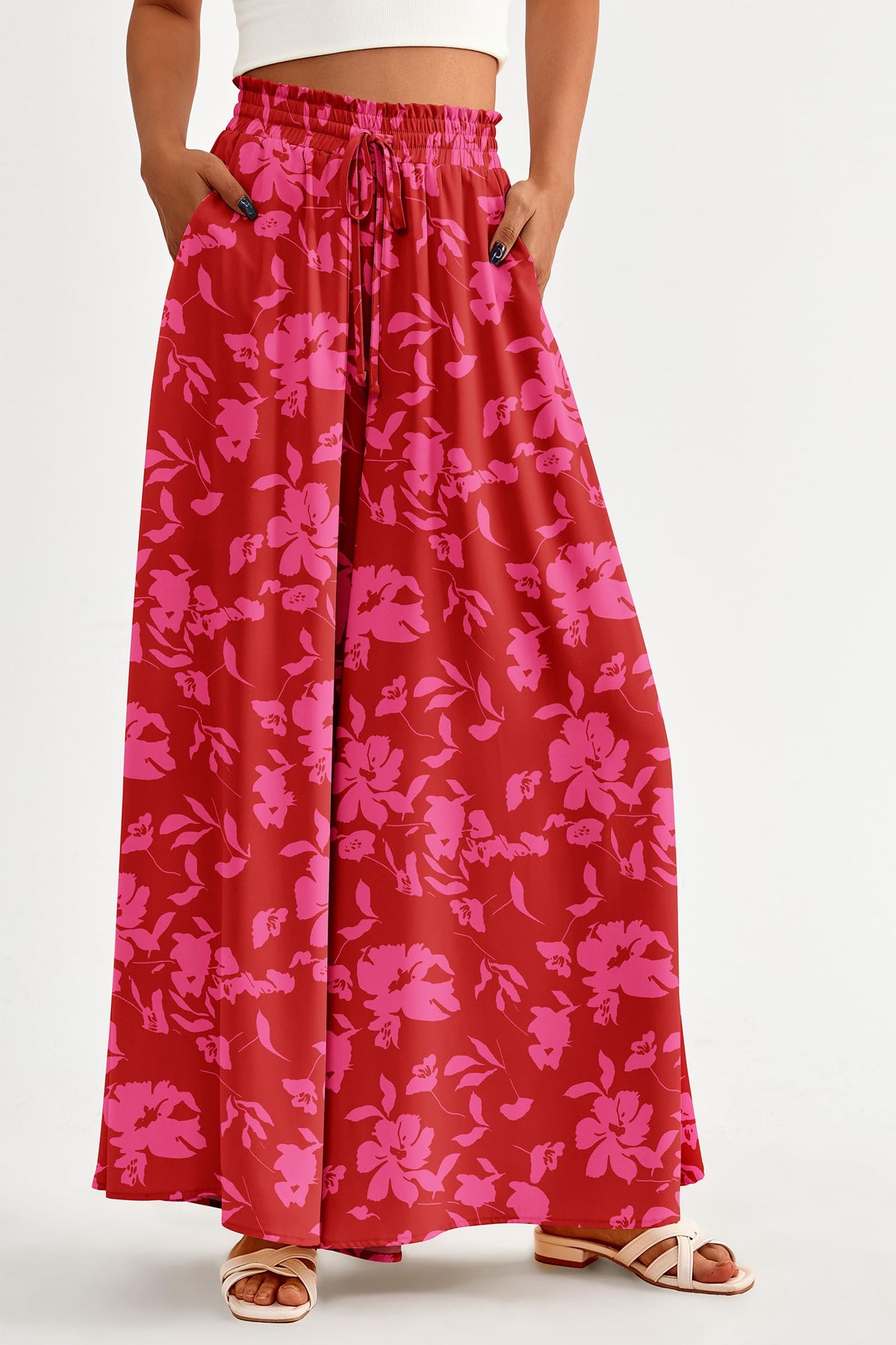 Wide Leg High Waisted Flowy Pockets Palazzo Pants