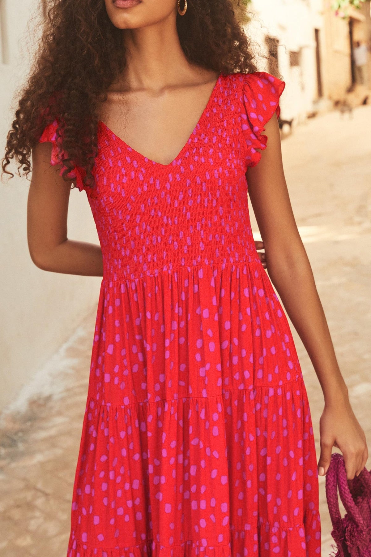 Cap Sleeve V Neck Smocked Beach Maxi Dresses