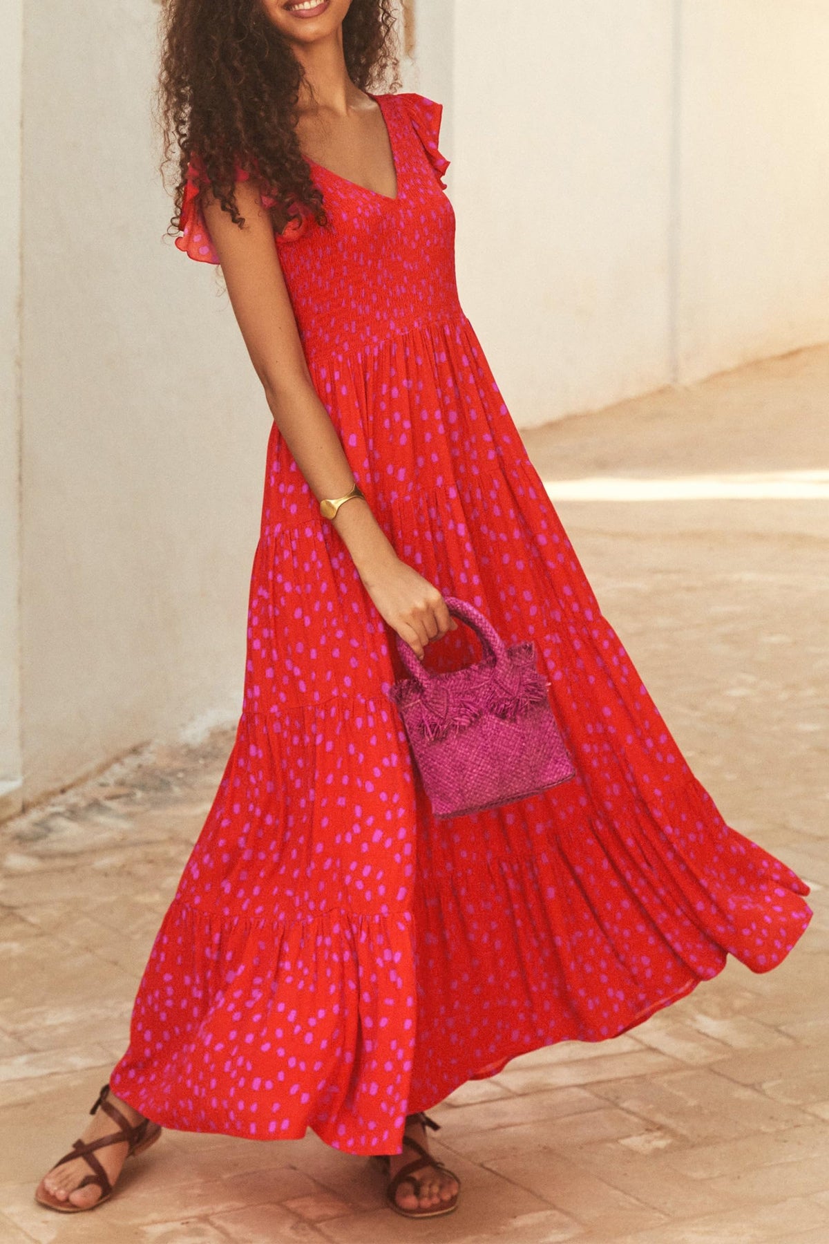 Cap Sleeve V Neck Smocked Beach Maxi Dresses