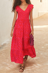 Cap Sleeve V Neck Smocked Beach Maxi Dresses