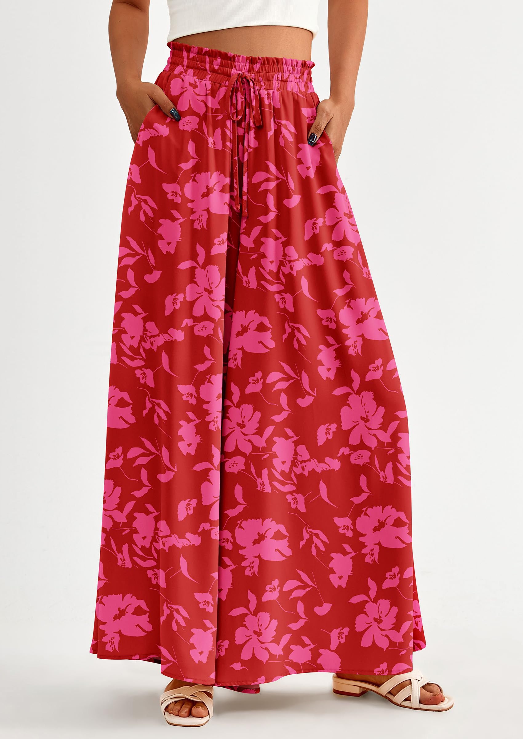 PRETTYGARDEN Women's Summer Wide Leg Palazzo Pants High Waisted Flowy Pockets Trendy Casual Lounge Boho Beach Trousers