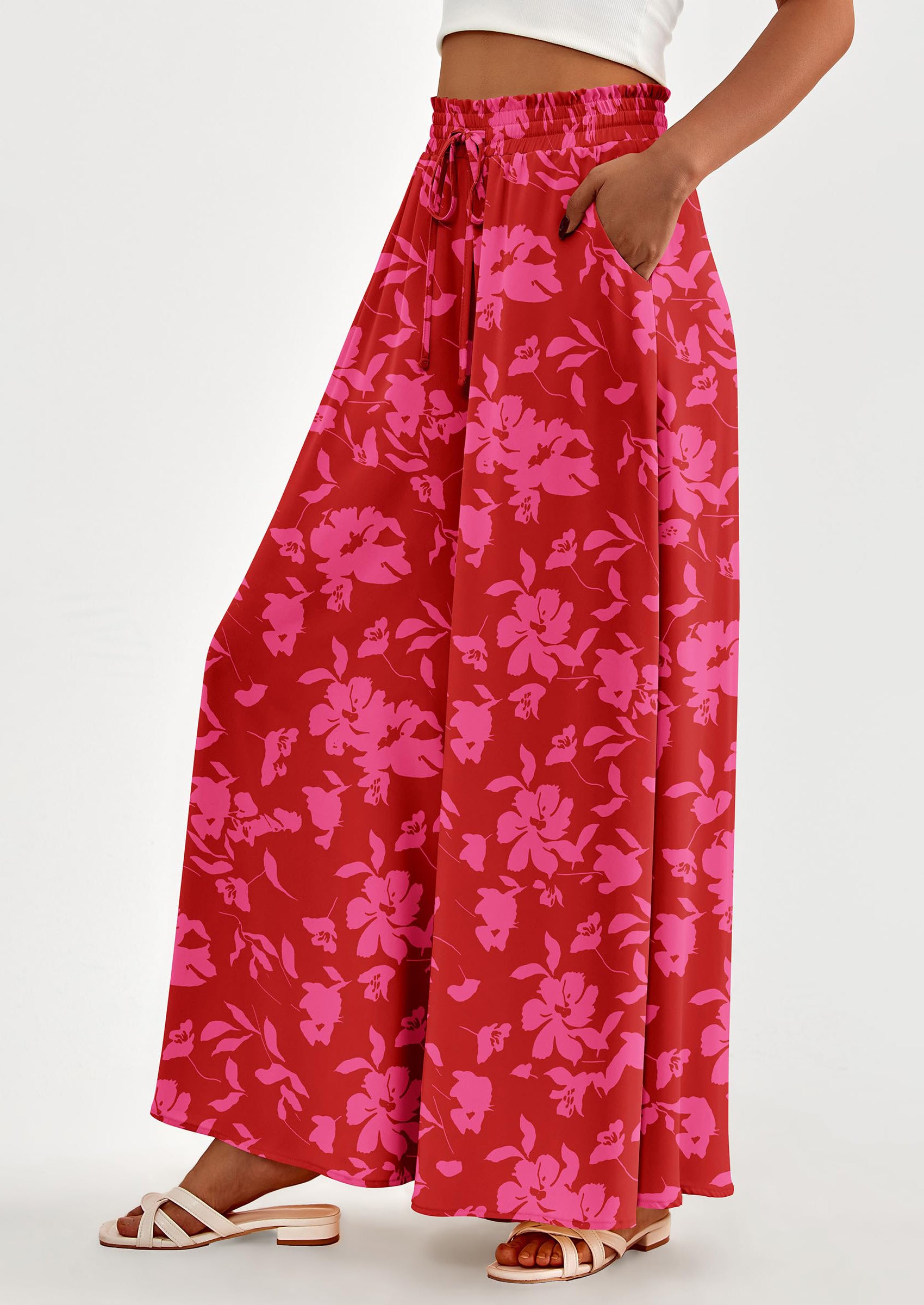 PRETTYGARDEN Women's Summer Wide Leg Palazzo Pants High Waisted Flowy Pockets Trendy Casual Lounge Boho Beach Trousers