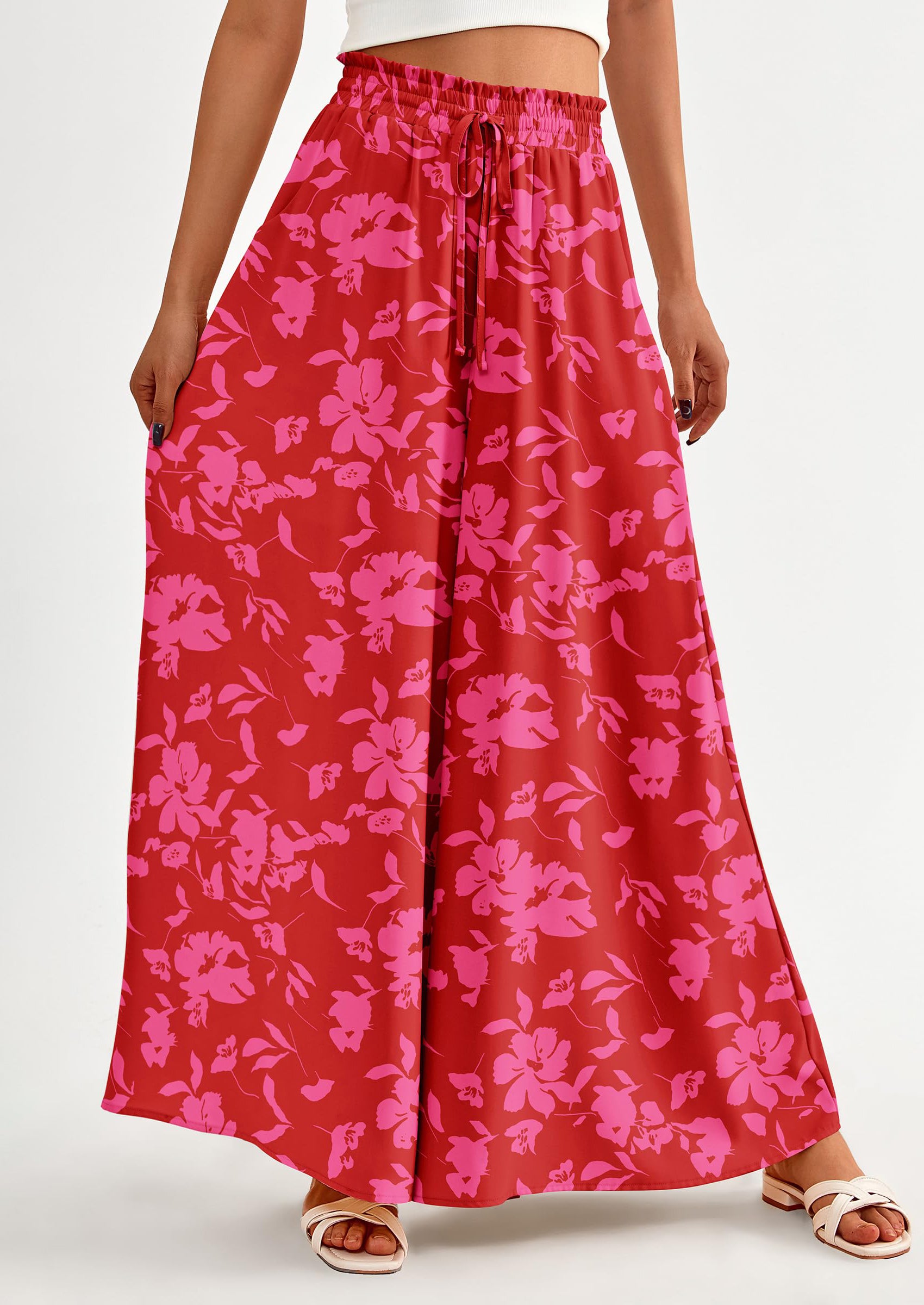 PRETTYGARDEN Women's Summer Wide Leg Palazzo Pants High Waisted Flowy Pockets Trendy Casual Lounge Boho Beach Trousers