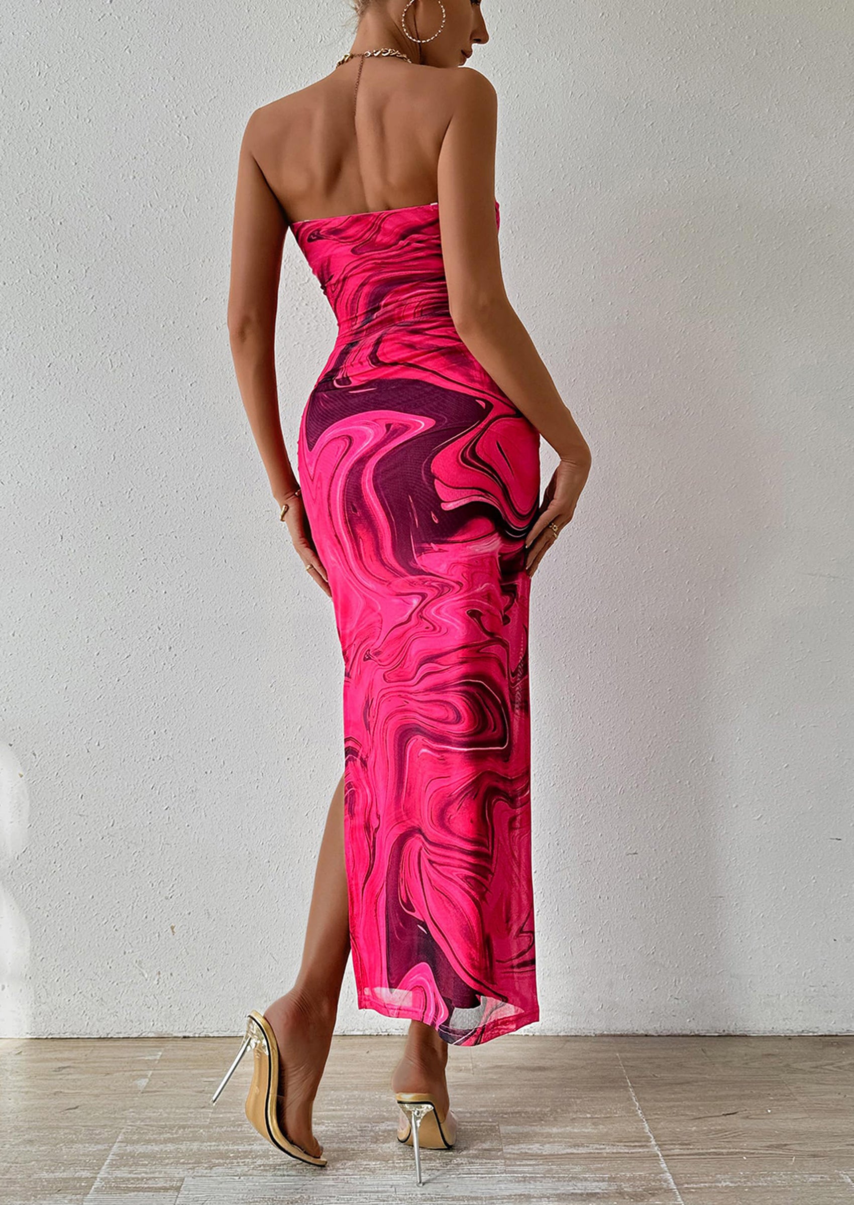 PRETTYGARDEN Women's Maxi Bodycon Dresses Strapless Tube Top Slit Floral Printed Party Club Long Dress