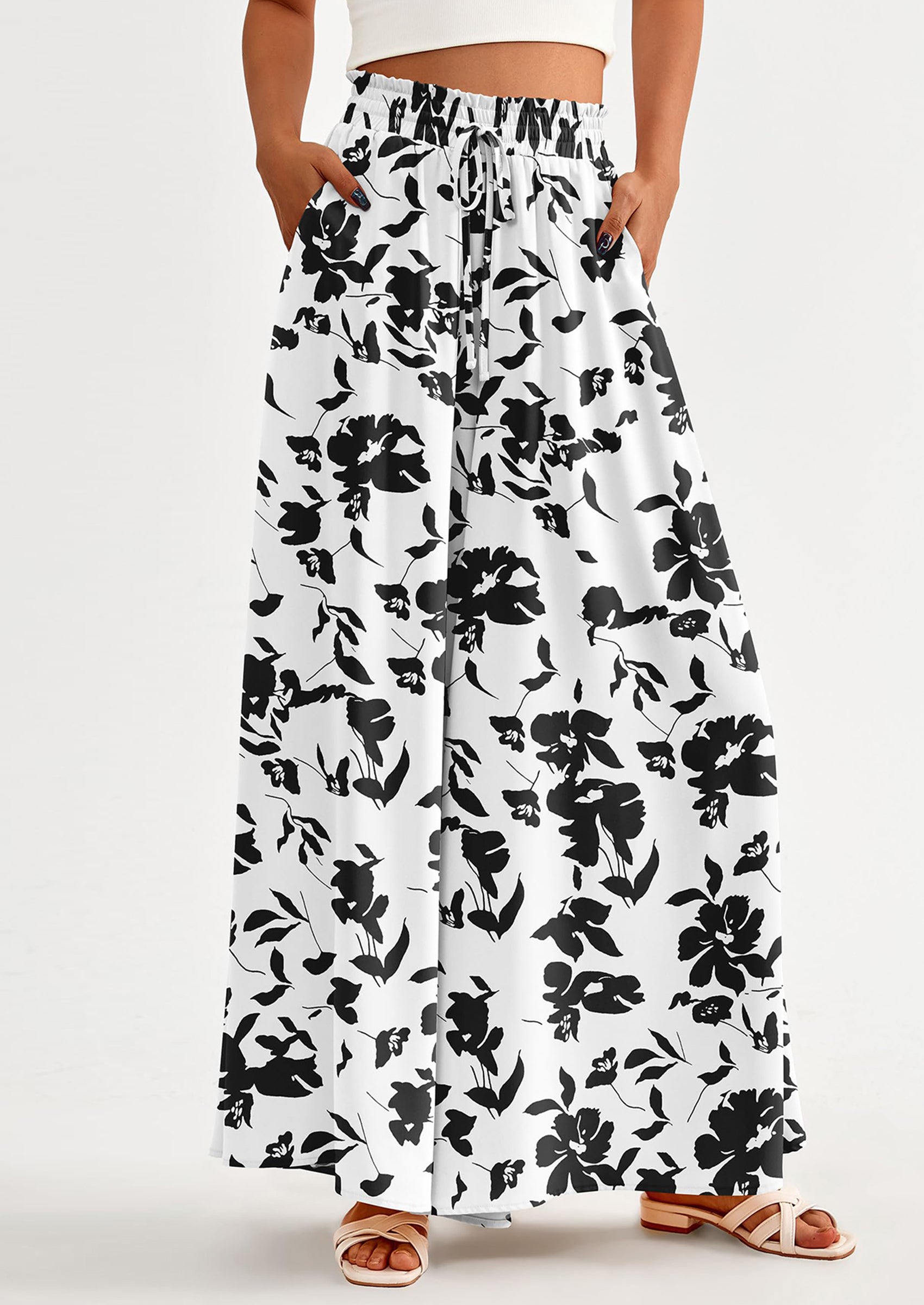 PRETTYGARDEN Women's Summer Wide Leg Palazzo Pants High Waisted Flowy Pockets Trendy Casual Lounge Boho Beach Trousers