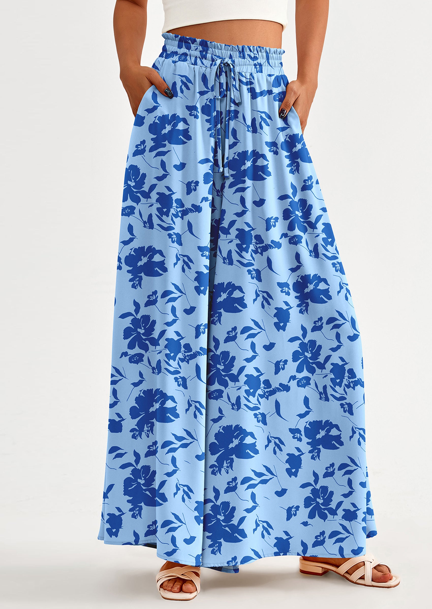 PRETTYGARDEN Women's Summer Wide Leg Palazzo Pants High Waisted Flowy Pockets Trendy Casual Lounge Boho Beach Trousers