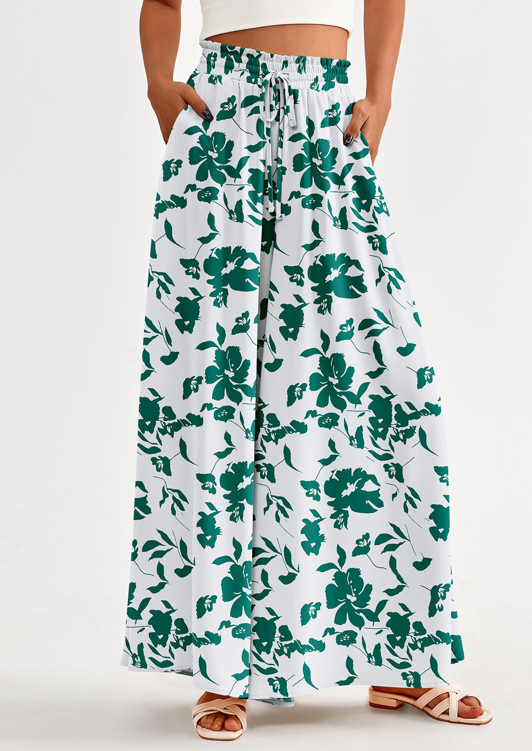 PRETTYGARDEN Women's Summer Wide Leg Palazzo Pants High Waisted Flowy Pockets Trendy Casual Lounge Boho Beach Trousers