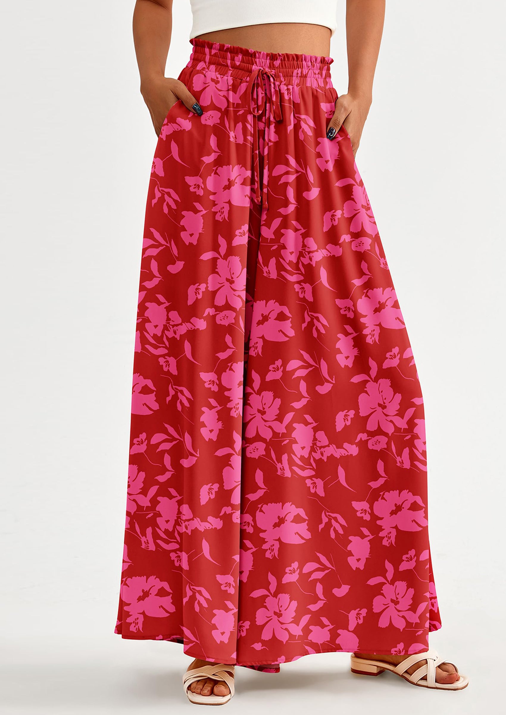 PRETTYGARDEN Women's Summer Wide Leg Palazzo Pants High Waisted Flowy Pockets Trendy Casual Lounge Boho Beach Trousers