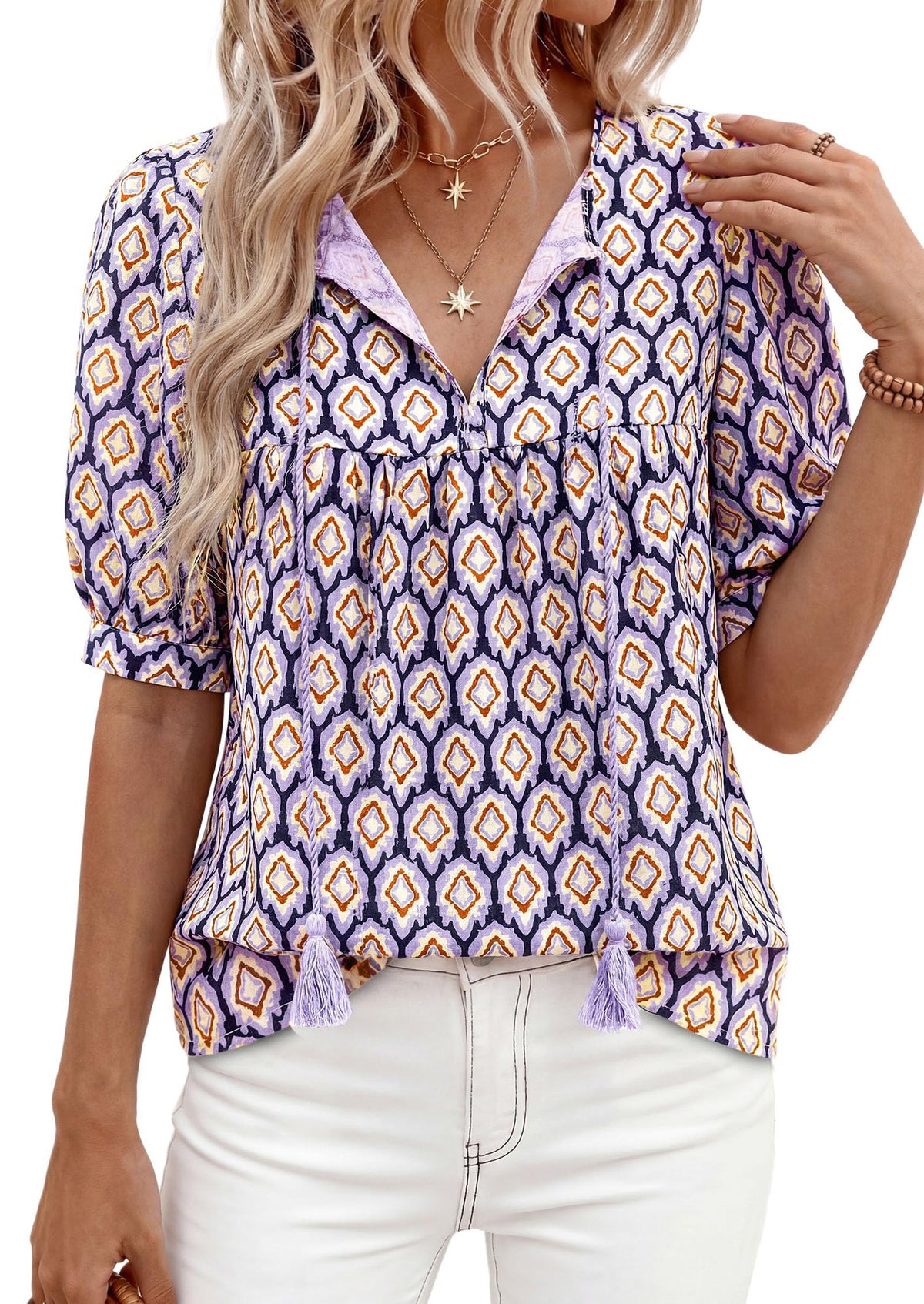 PRETTYGARDEN Womens Summer Boho Tops Casual Vacation Outfits Tie Front V Neck Peasant Blouses Puff Short Sleeve Shirts PRETTYGARDEN