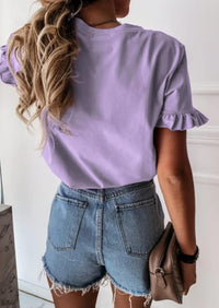 PRETTYGARDEN Women's Short Sleeve Casual T Shirts Summer Ruffle Plain Round Neck Loose Fit Tee Blouse Tops