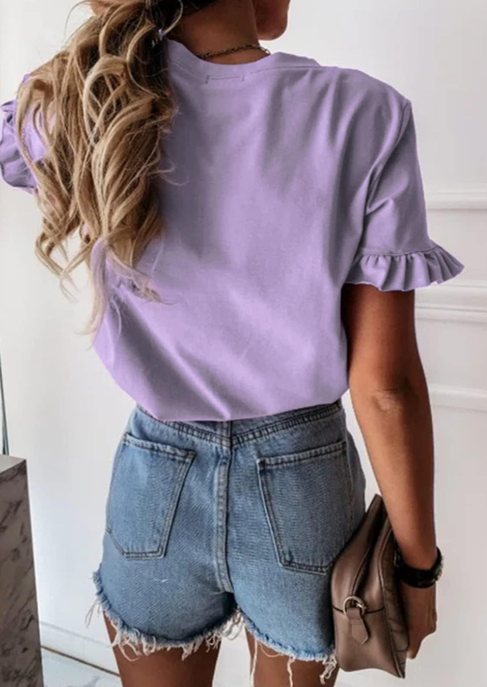 PRETTYGARDEN Women's Short Sleeve Casual T Shirts Summer Ruffle Plain Round Neck Loose Fit Tee Blouse Tops