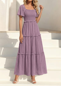 PRETTYGARDEN Summer Dresses for Women Boho Swiss Dot Smocked Square Neck Short Sleeve Spring Wedding Guest Maxi Dress PRETTYGARDEN