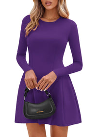 PRETTYGARDEN Long Sleeve Mini Dress for Women Fall Crewneck Knit Pleated Babydoll A Line Soft Casual Short Party Dresses PRETTYGARDEN