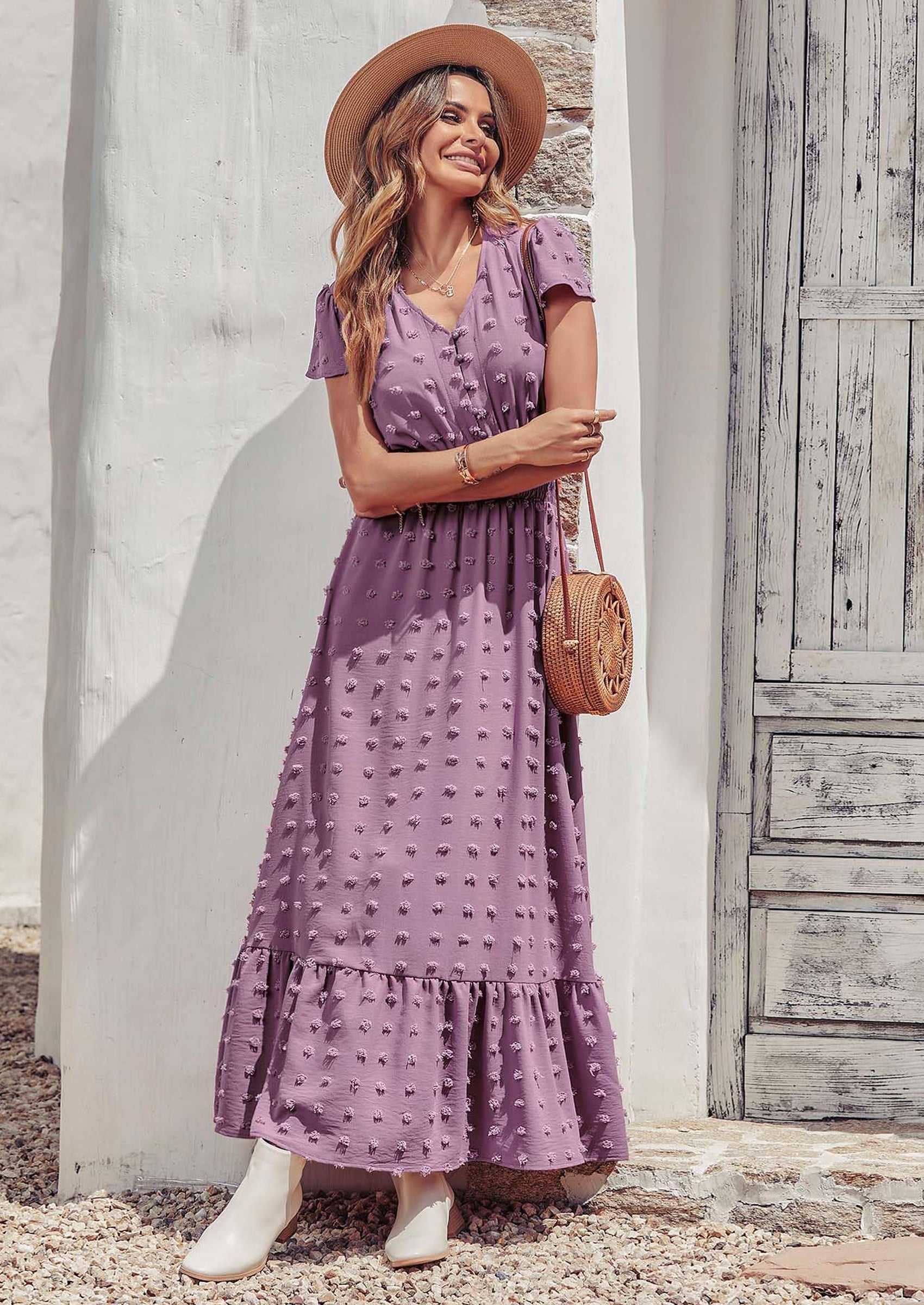 PRETTYGARDEN Womens Dresses Summer Maxi Dress Boho Short Sleeve V Neck Swiss Dot Ruffle Tiered Smocked Flowy Long Dress PRETTYGARDEN
