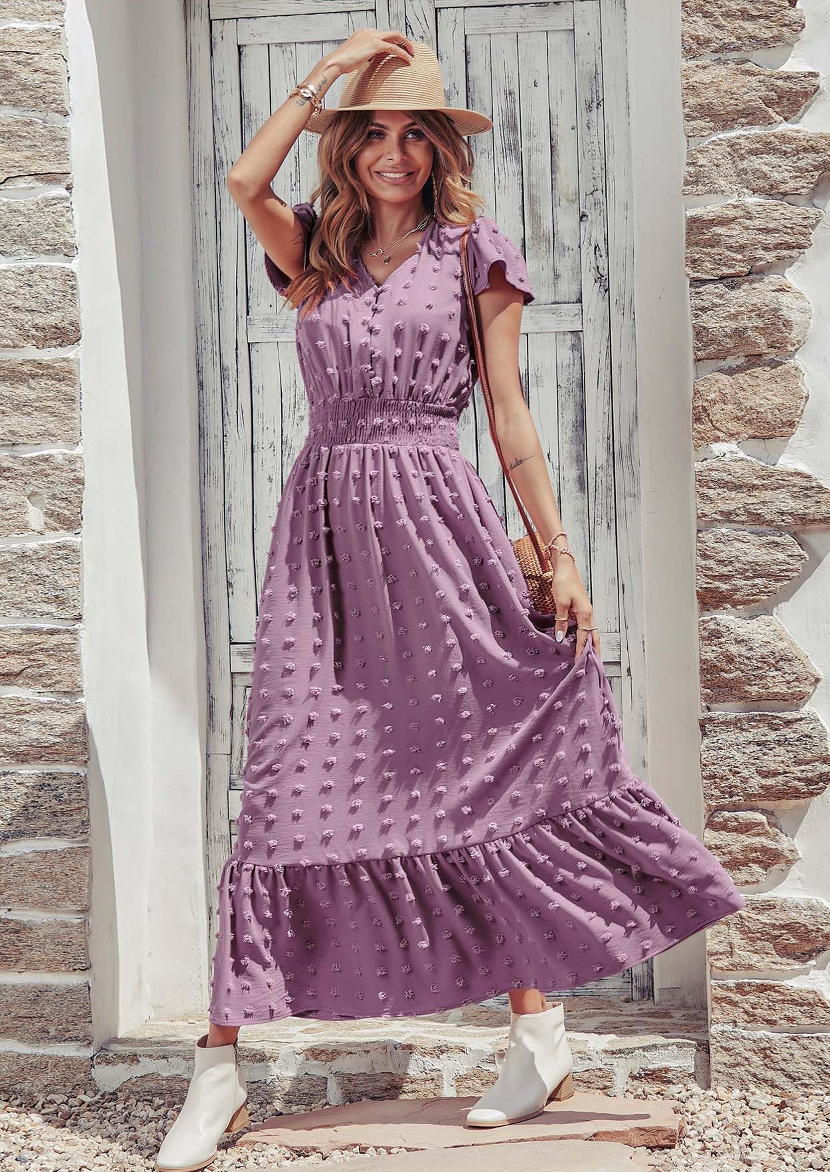PRETTYGARDEN Womens Dresses Summer Maxi Dress Boho Short Sleeve V Neck Swiss Dot Ruffle Tiered Smocked Flowy Long Dress PRETTYGARDEN