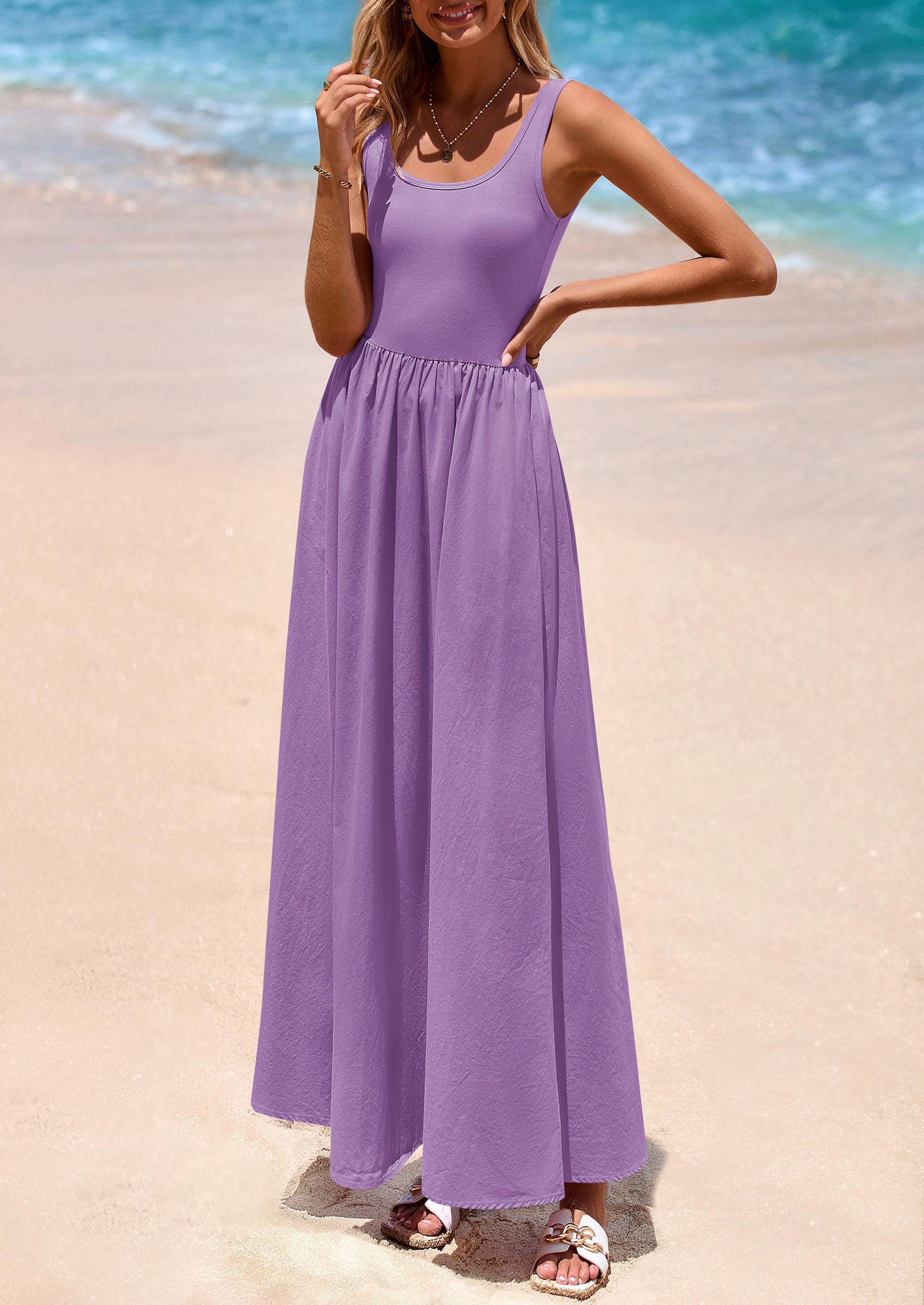 PRETTYGARDEN Womens Summer Casual Scoop Neck Sleeveless Long Dresses Tank Top Patchwork Aline Swing Maxi Dress with Pockets