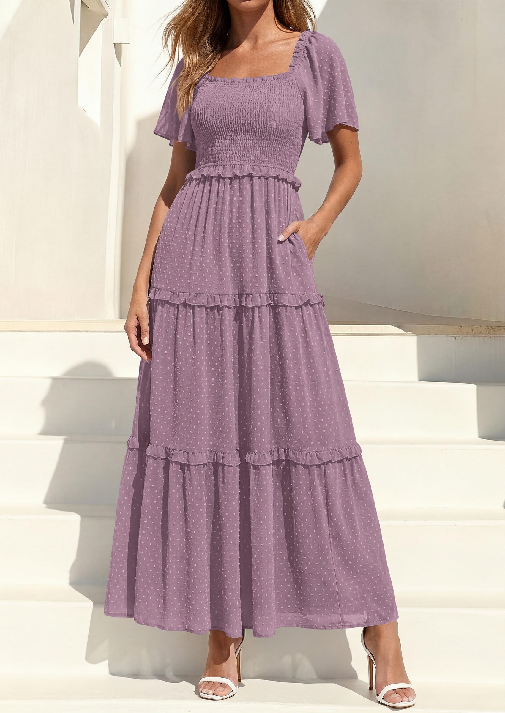 PRETTYGARDEN Summer Dresses for Women Boho Swiss Dot Smocked Square Neck Short Sleeve Spring Wedding Guest Maxi Dress PRETTYGARDEN