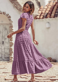 PRETTYGARDEN Womens Dresses Summer Maxi Dress Boho Short Sleeve V Neck Swiss Dot Ruffle Tiered Smocked Flowy Long Dress PRETTYGARDEN