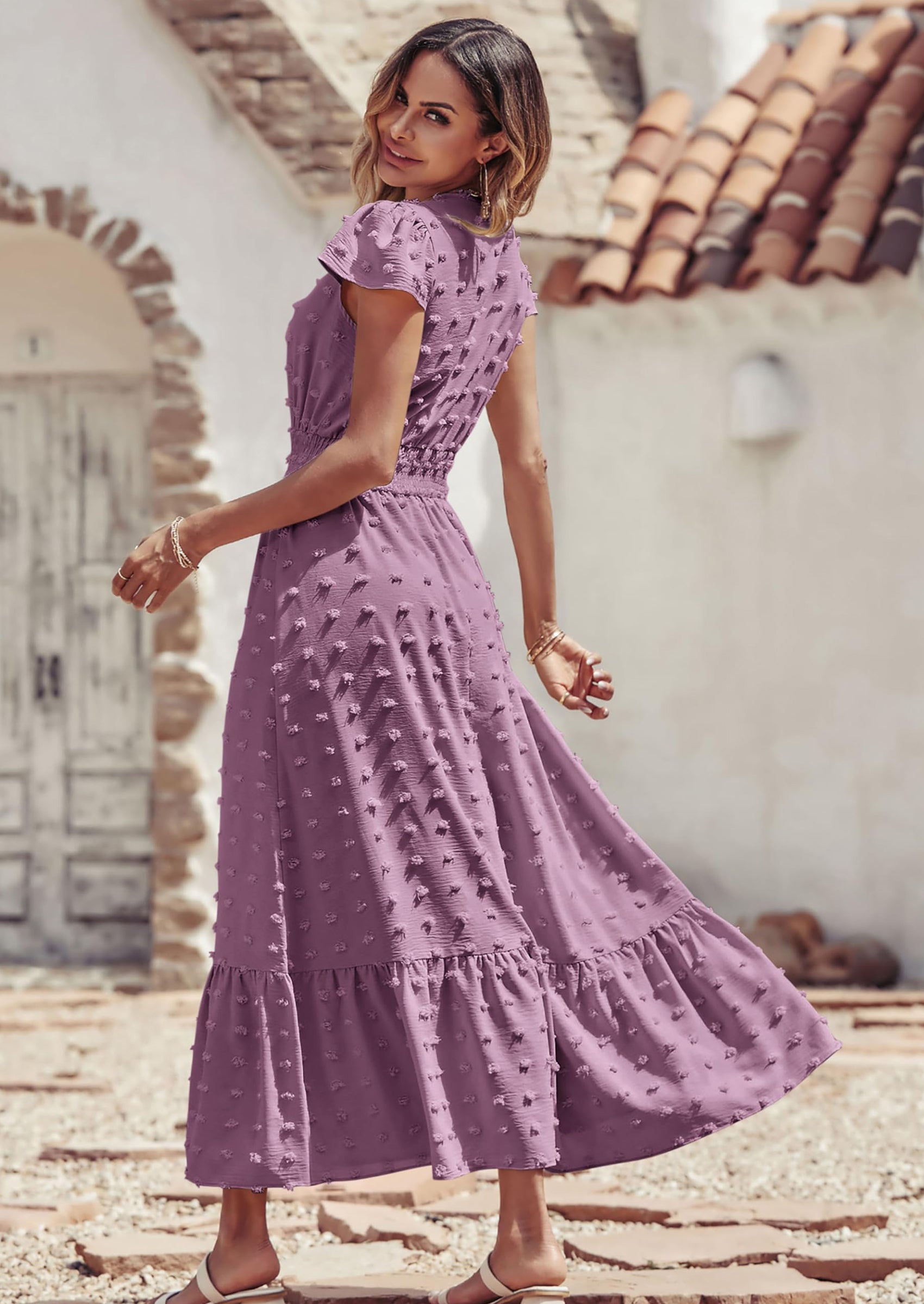 PRETTYGARDEN Womens Dresses Summer Maxi Dress Boho Short Sleeve V Neck Swiss Dot Ruffle Tiered Smocked Flowy Long Dress PRETTYGARDEN