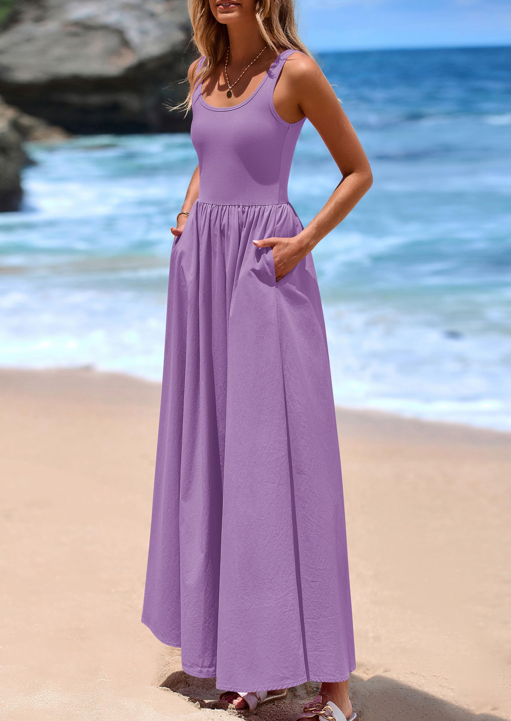 PRETTYGARDEN Womens Summer Casual Scoop Neck Sleeveless Long Dresses Tank Top Patchwork Aline Swing Maxi Dress with Pockets