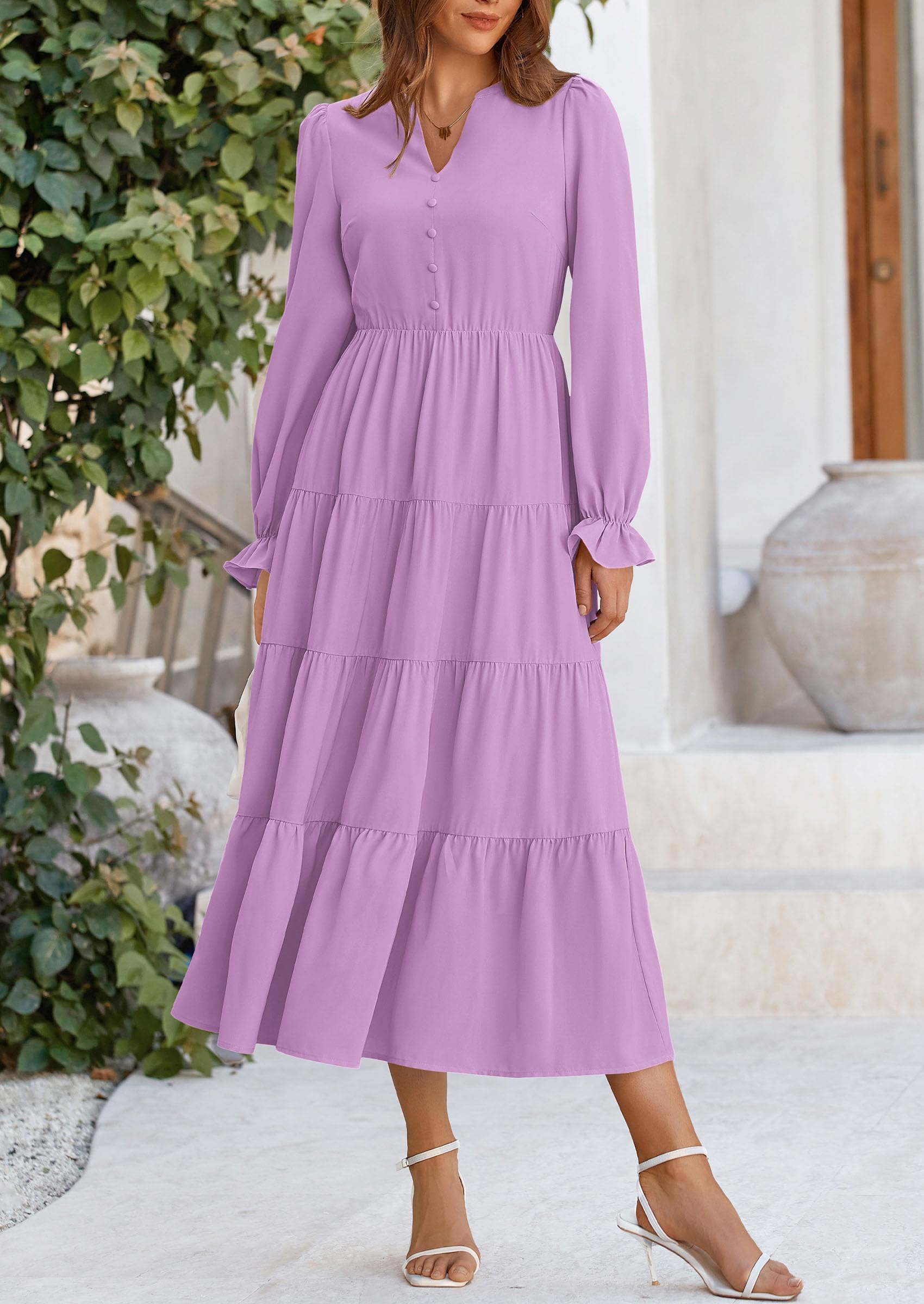 PRETTYGARDEN Women Fall Long Sleeve Smocked Maxi Dress Casual Square Neck Swiss Dot Tiered Ruffle Flowy Spring Pocket Dresses