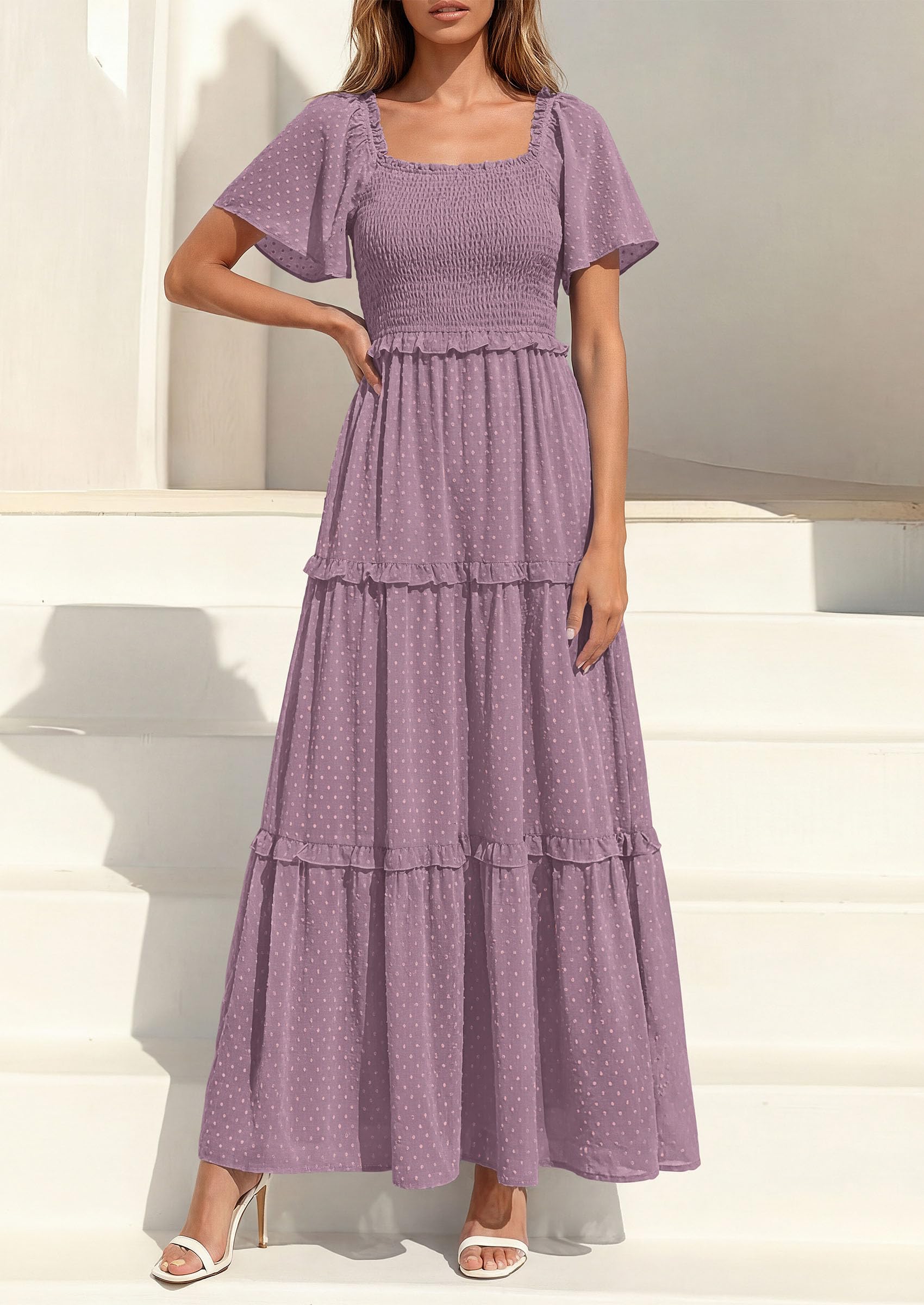 PRETTYGARDEN Summer Dresses for Women Boho Swiss Dot Smocked Square Neck Short Sleeve Spring Wedding Guest Maxi Dress PRETTYGARDEN