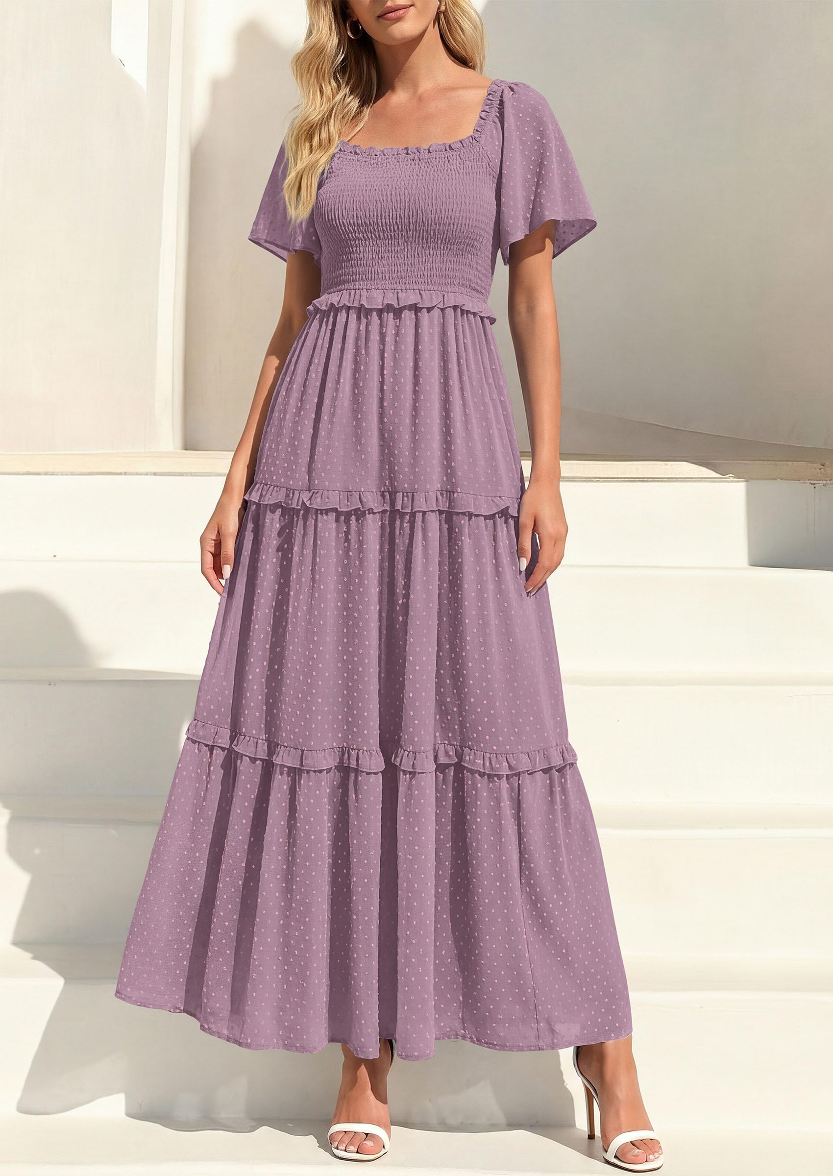 PRETTYGARDEN Summer Dresses for Women Boho Swiss Dot Smocked Square Neck Short Sleeve Spring Wedding Guest Maxi Dress PRETTYGARDEN