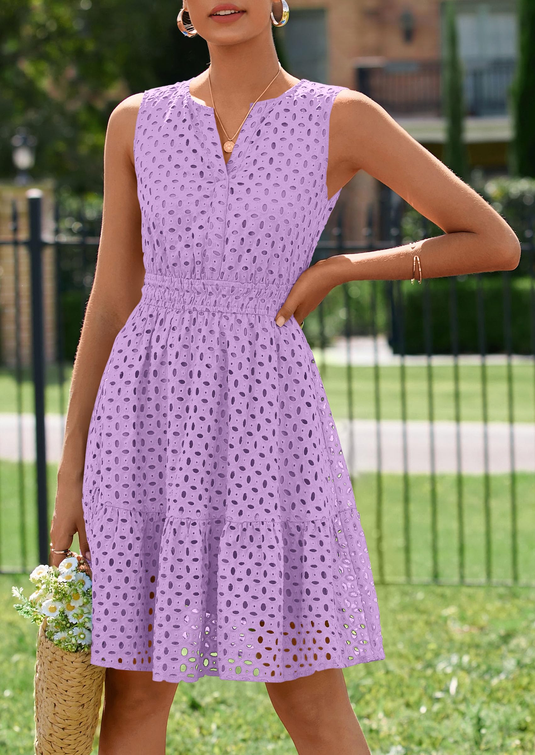 PRETTYGARDEN Women's Summer Dresses Sleeveless V Neck Eyelet Hollow Out Swing A Line Beach Vacation Sun Dress PRETTYGARDEN