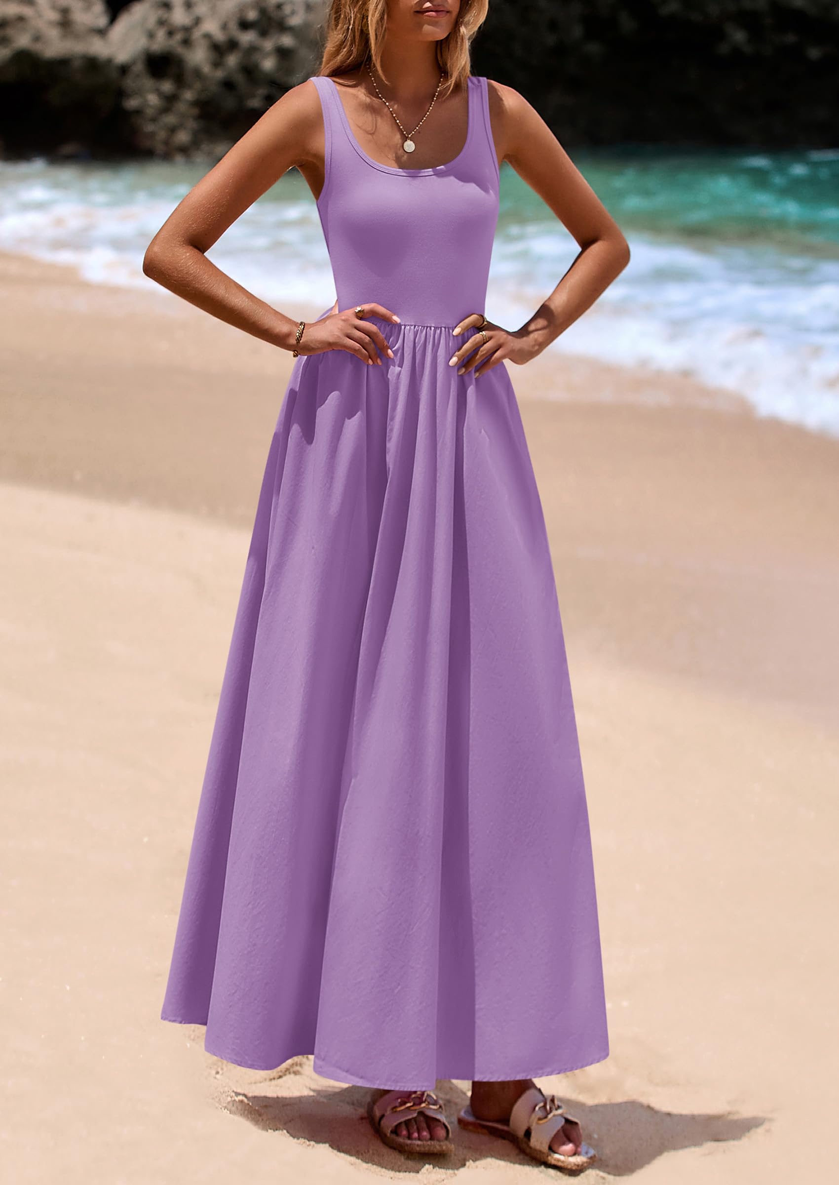 PRETTYGARDEN Womens Summer Casual Scoop Neck Sleeveless Long Dresses Tank Top Patchwork Aline Swing Maxi Dress with Pockets