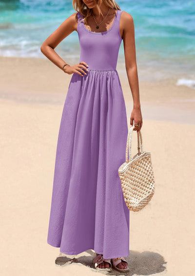 PRETTYGARDEN Womens Summer Casual Scoop Neck Sleeveless Long Dresses Tank Top Patchwork Aline Swing Maxi Dress with Pockets