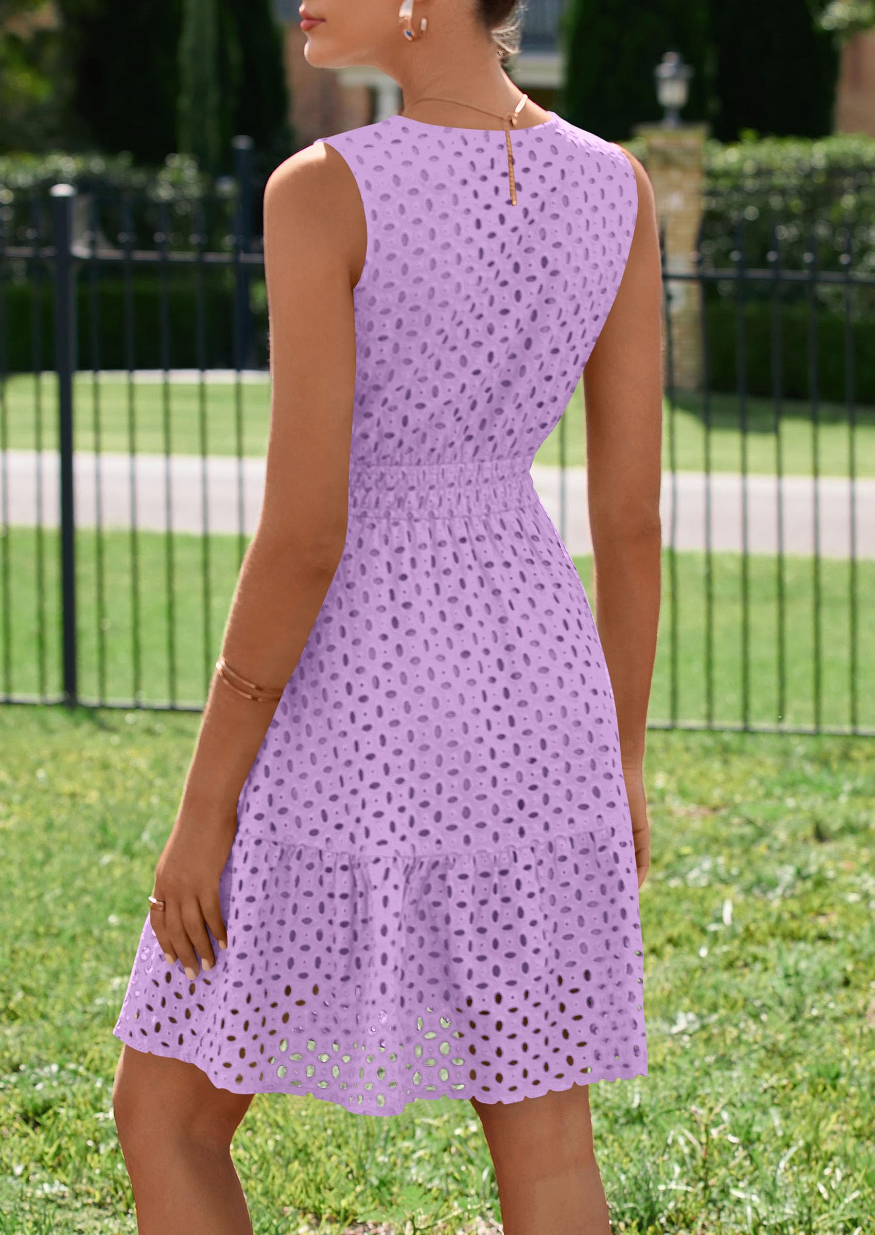 PRETTYGARDEN Women's Summer Dresses Sleeveless V Neck Eyelet Hollow Out Swing A Line Beach Vacation Sun Dress PRETTYGARDEN