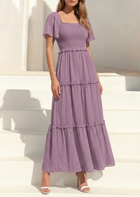 PRETTYGARDEN Summer Dresses for Women Boho Swiss Dot Smocked Square Neck Short Sleeve Spring Wedding Guest Maxi Dress PRETTYGARDEN