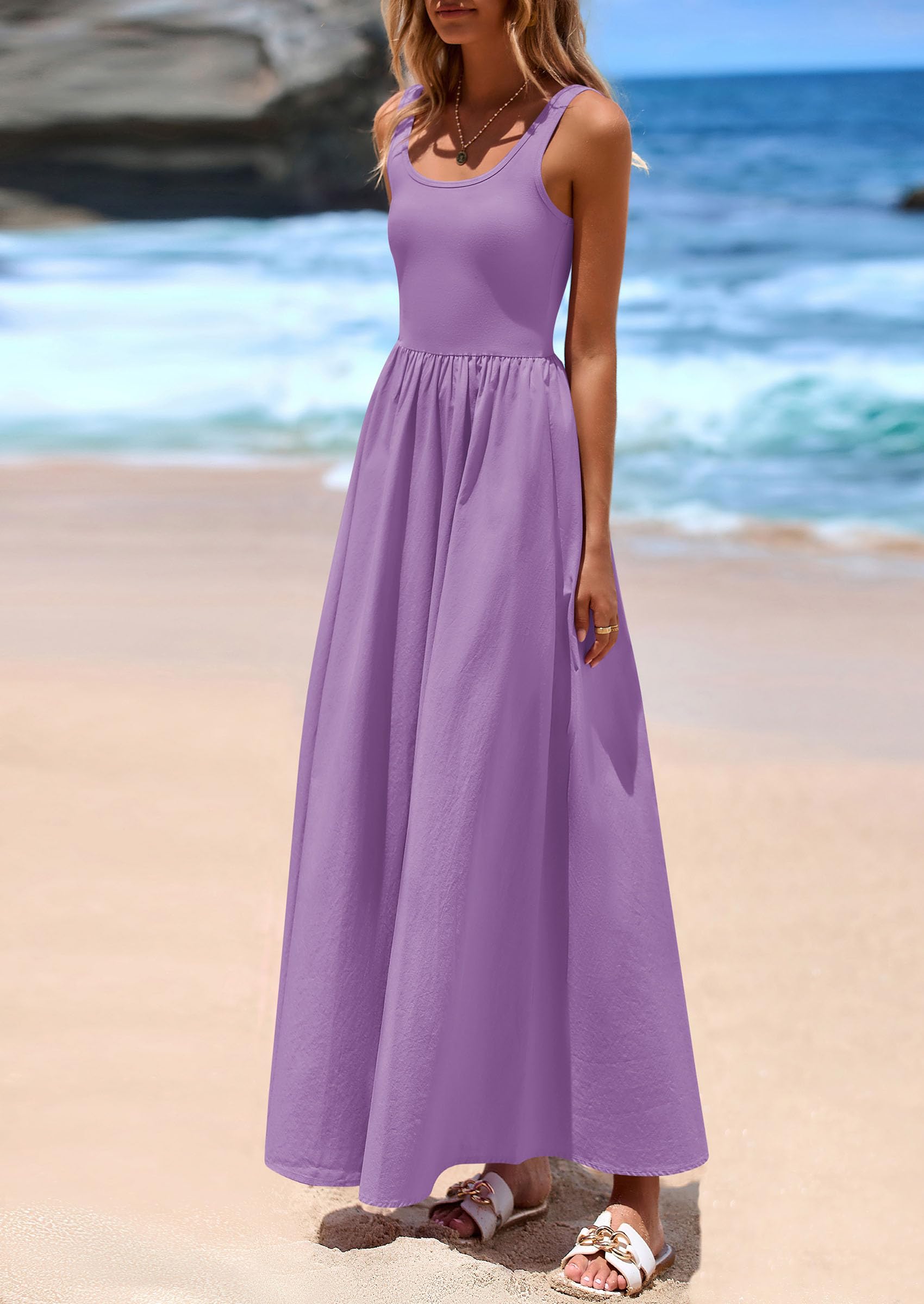 PRETTYGARDEN Womens Summer Casual Scoop Neck Sleeveless Long Dresses Tank Top Patchwork Aline Swing Maxi Dress with Pockets