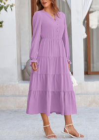 PRETTYGARDEN Women Fall Long Sleeve Smocked Maxi Dress Casual Square Neck Swiss Dot Tiered Ruffle Flowy Spring Pocket Dresses