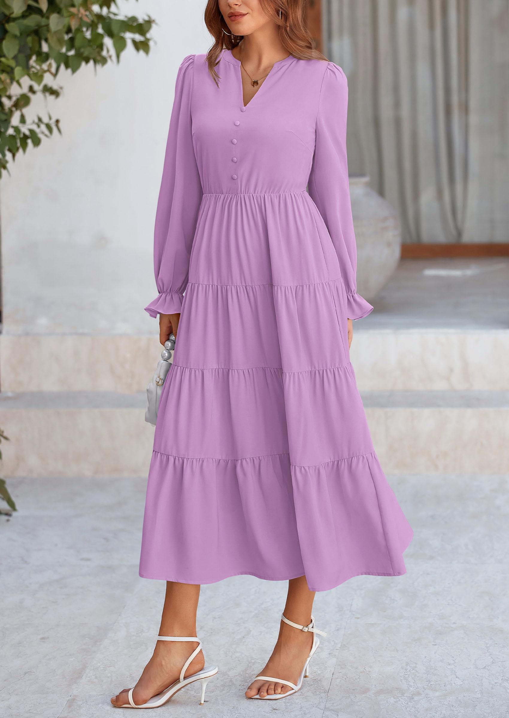 PRETTYGARDEN Women Fall Long Sleeve Smocked Maxi Dress Casual Square Neck Swiss Dot Tiered Ruffle Flowy Spring Pocket Dresses