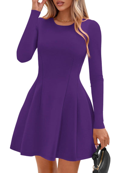 PRETTYGARDEN Long Sleeve Mini Dress for Women Fall Crewneck Knit Pleated Babydoll A Line Soft Casual Short Party Dresses PRETTYGARDEN