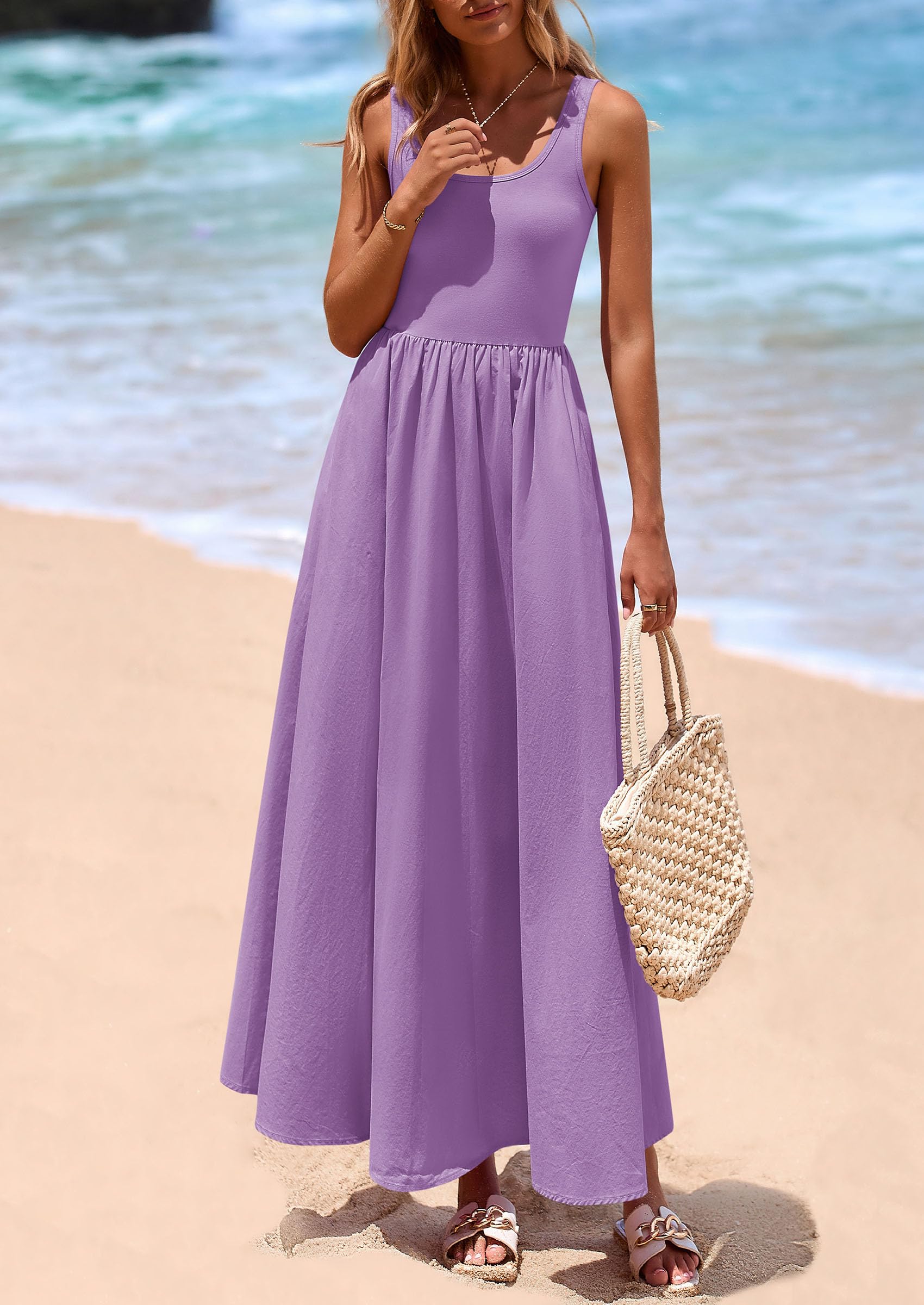 PRETTYGARDEN Womens Summer Casual Scoop Neck Sleeveless Long Dresses Tank Top Patchwork Aline Swing Maxi Dress with Pockets